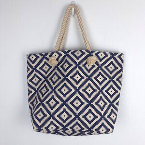 Nautical Diamond Beach Bag. Swim Tote. Blue White with Rope Handles Vacation